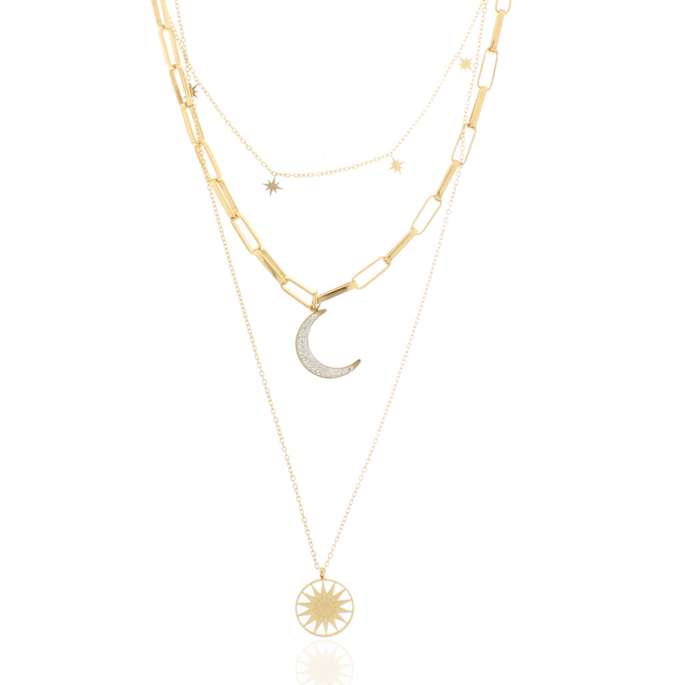 Collier mit Motiv Sonne, Mond und Sterne, aus Edelstahl, vergoldet