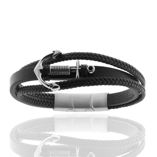 Armband, Edelstahl, Leder schwarz, 3-reihig, geflochten, Anker