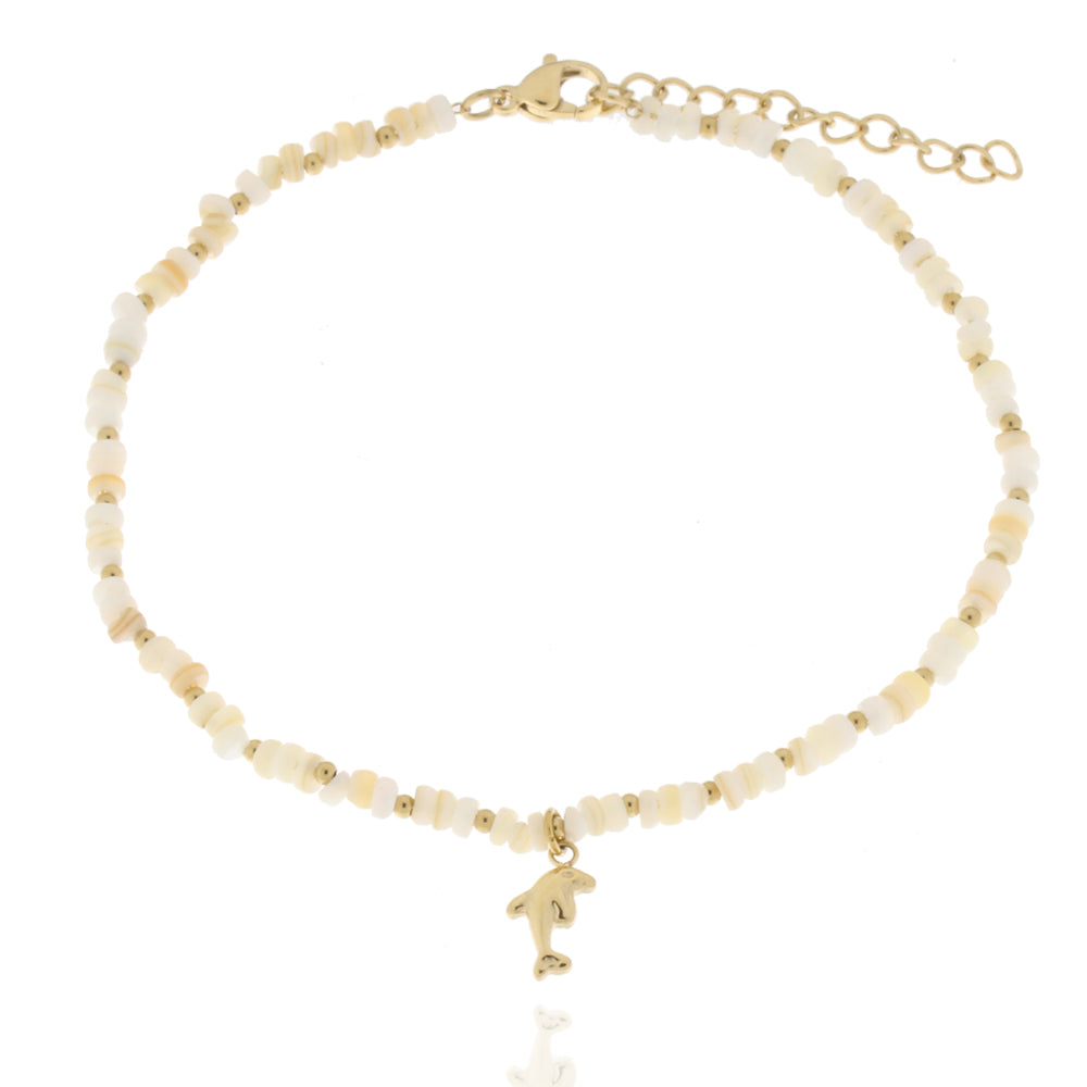 Fußkette aus Edelstahl vergoldet, Steine in weiß, mit Delfinanhänger