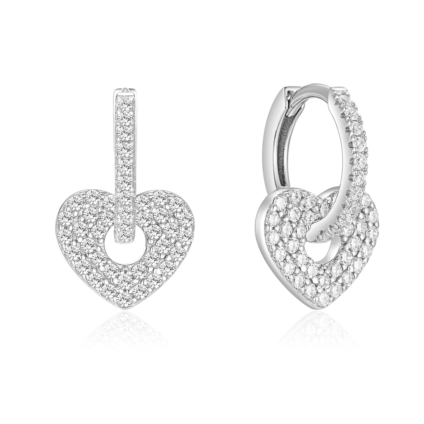 Klappcreolen mit Anhänger Herz, mit 118 Zirkonia, aus 925er Silber, vergoldet oder rhodiniert