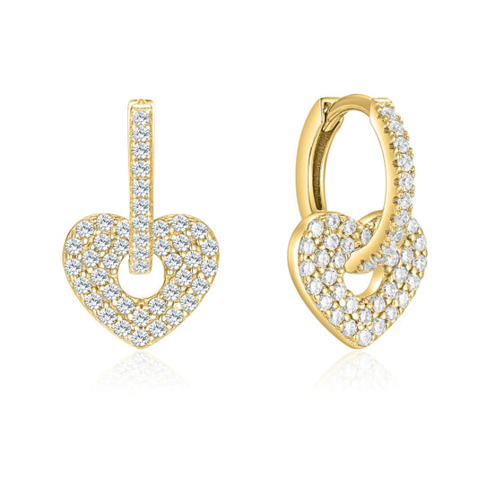 Klappcreolen mit Anhänger Herz, mit 118 Zirkonia, aus 925er Silber, vergoldet oder rhodiniert