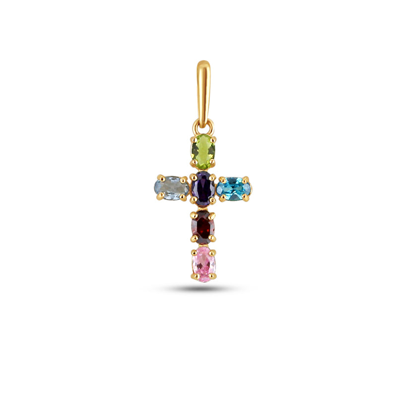 Collier mit Kreuz, mit 6 bunten Zirkonia, aus 585er Gold
