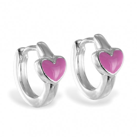 Klappcreolen, 11 mm mit Herz, pink, aus 925er Silber