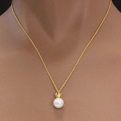 Collier Edelstahl vergoldet, Krone mit Perle weiß