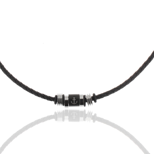 Collier, Edelstahl, Flechtkordel schwarz, Anker