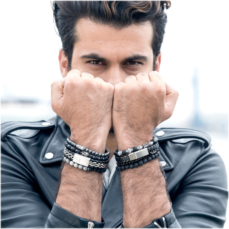 Armband Echt Leder blau/schwarz Edelstahl