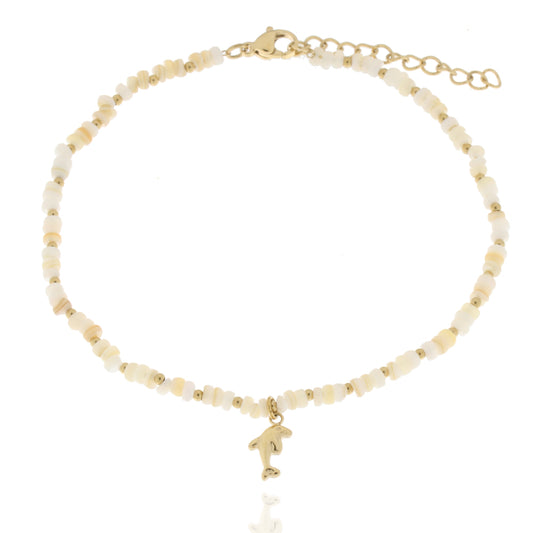 Fußkette aus Edelstahl vergoldet, Steine in weiß, mit Delfinanhänger