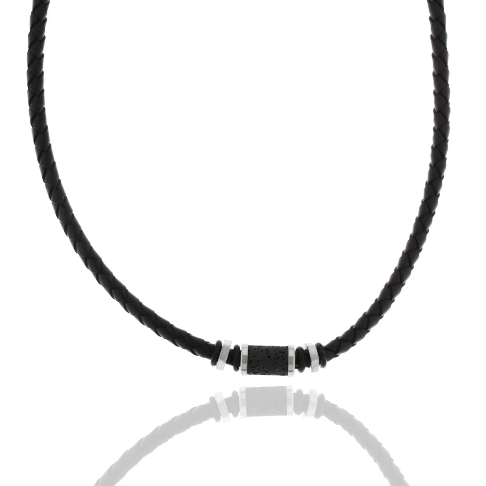Collier aus Edelstahl mit Lavastein und Flechtkordel in schwarz