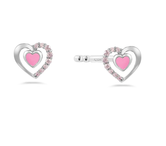Ohrstecker Herz mit 16 Zirkonia inLack pink Silber aus 925er Silber, rhodiniert