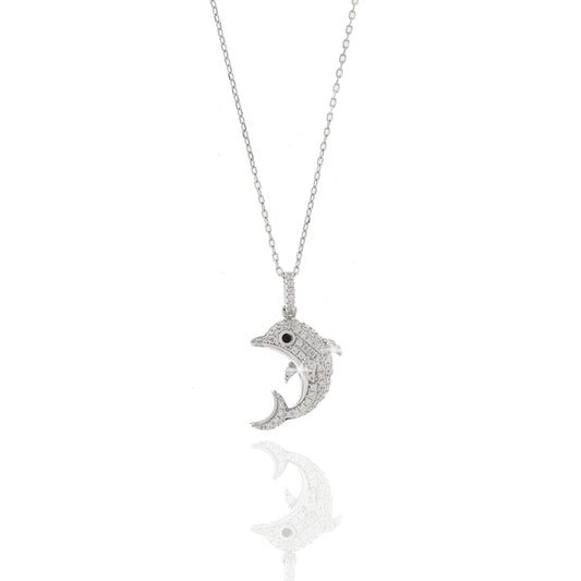 Collier Delfin mit Zirkonia in weiß und schwarz aus 925er Silber rhodiniert